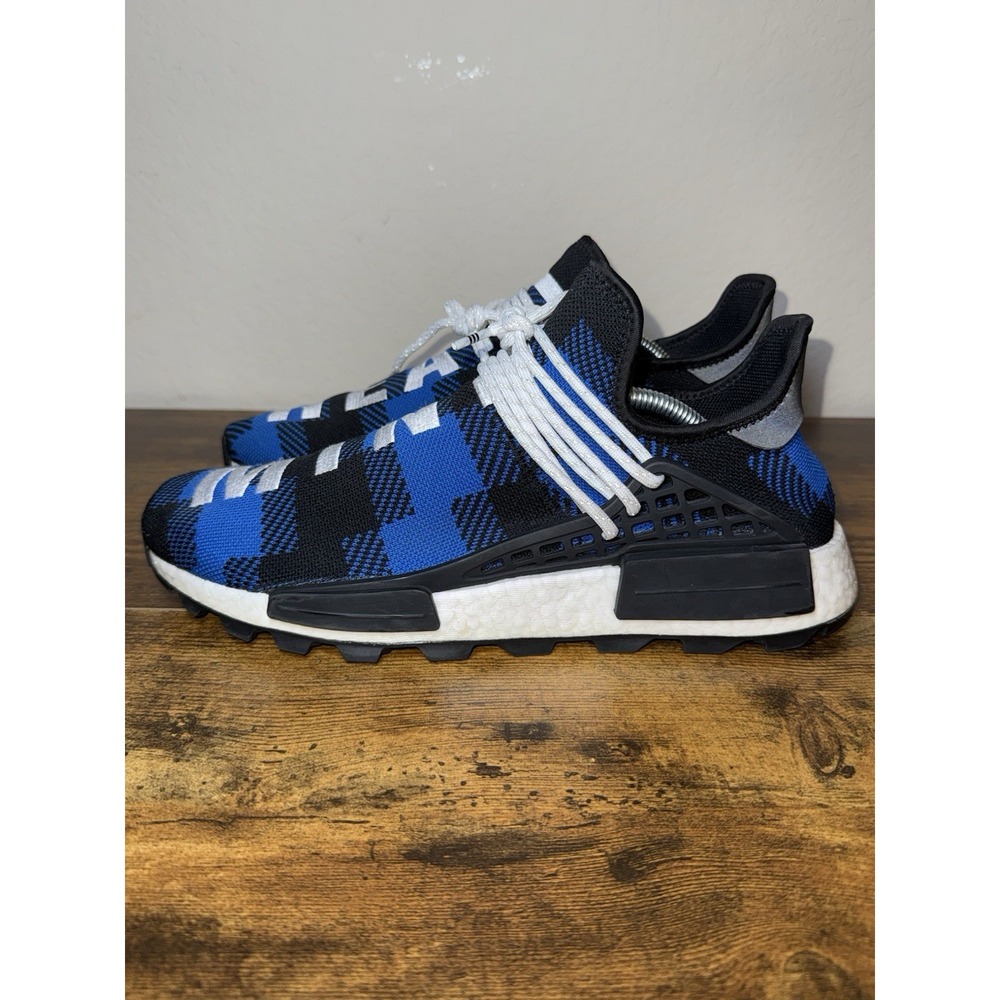 Adidas Pharrell Williams Hu NMD Trail Blue Black Plaid Knit EF7387 Mens 11.5